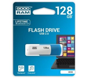 Pendrive Goodram 128GB USB 2.0, kolor niebiesko-biały.